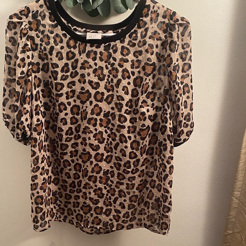 a new day Leopard Print Blouse with Black Trim